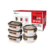 수퍼오븐글라스 한끼 반찬용 혼밥 5조 내열유리 밀폐용기 세트, 1세트, 직사각(150 ml x 3조) + 원형(240 ml x 2조)