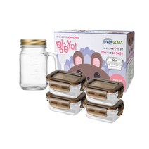 수퍼오븐글라스 이유식 밀폐용기 세트, 1세트, 직사각 용기 150ml x 4p + 카페머그 450ml