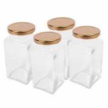 홈앤라이프 유리 사각 양념통 300g 4p + 금속 골드캡 4p + 소금 스티커 + 설탕 스티커 + 후춧가루 스티커 + 고춧가루 스티커, 1세트
