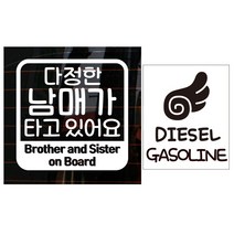 뭉키데코 자동차 스티커 엠블렘 사각 다정한 남매 화이트 + 주유구 스티커 날개 가솔린 디젤 블랙, 혼합 색상, 1세트