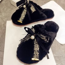 올나인 진주 리본 부드러운 털 슬리퍼