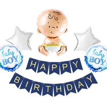 웰컴베이비 부케 은박풍선+생일파티가랜드 세트, 보이 네이비골드, 1세트