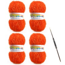 레인보우 펄 수세미실 80g x 4p + 코바늘 세트, 1세트, 01오렌지레드