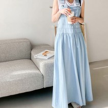 핑크홀릭 데님 멜빵 롱 원피스