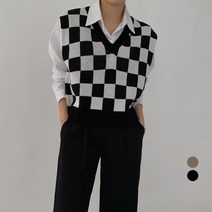 바블링브룩 여성용 체커보드 브이넥 니트 조끼