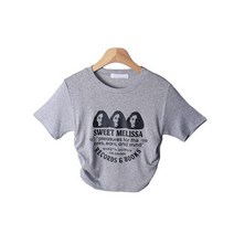 시크블랙 여성용 포바느 셔링 프린팅 크롭 반팔 티셔츠 T8915K22