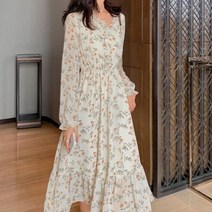 아뗄릭 여성용 프릴 V넥 데이트룩 플라워 프린팅 롱 원피스 00018