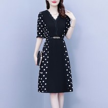 아뗄릭 빅사이즈 브이넥 도트 벨티드 플레어 미디 원피스 00841