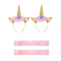 인디케이 유니콘 벌스데이 걸 머리띠 + 어깨띠 세트, 핑크, 2세트