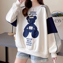 메이첼 루즈핏 패치 베어 캐릭터 소매 배색 긴팔 티셔츠 01281