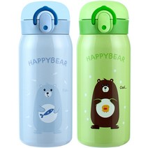 해피베어 원터치 보온보냉병 350ml x 2종 세트, 스카이블루, 그린