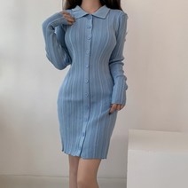 페이퍼먼츠 카라넥 세로줄 버튼 슬릿 슬림핏 미니 원피스 02784