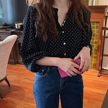 두봄 여성용 루즈핏 땡땡이 셔츠
