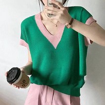 페이퍼먼츠 여성용 까밀로 브이넥 배색 포인트 데일리 니트 티셔츠 05249