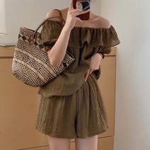 비비에모 여리여리 프릴 오프숄더 블라우스 밴딩 숏 팬츠 투피스 세트 03661