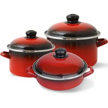 ELO 인덕션 법랑 냄비 3종 세트, 레드, 전골 20cm + 깊은형 18cm + 깊은형 24cm