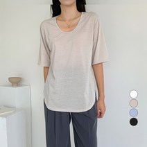 무드인더 여성용 루즈핏 유넥 언발 반팔 티셔츠