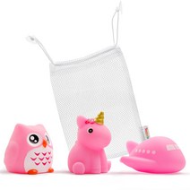 예꼬맘 LED 목욕 물놀이 장난감 프렌즈 3종 + 그물망 D세트, 유니콩(핑크), 부엉이(핑크), 비행기(핑크)