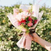 아스파시아 비누꽃 조화 줄리앤 비누꽃 조화 수국 꽃다발 + 메시지픽 + 쇼핑백, 핑크