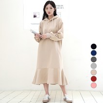 턴키 여성용 빅사이즈 오버핏 후드 프릴 기모 롱 원피스 OPS-2837
