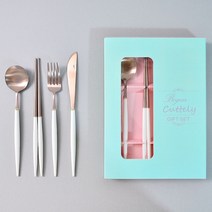 보겐 에펠 양식 1인 커트러리 선물세트, 로즈골드 + 화이트, 디너스푼 1p + 젓가락 1p + 포크1p + 나이프1p + 선물박스