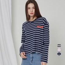 ELLE PARIS 여성 스트라이프 그래픽 긴팔 티셔츠