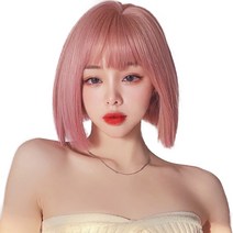 하이유니 스트레이트 펌 헤어 단발 통가발 가발 28cm + 가발망 + 거치대 세트, 통가발(체리블로썸핑크), 랜덤발송(가발망, 거치대)