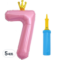 제이벌룬 은박 왕관 숫자풍선 대 7 + 손펌프세트, 핑크(풍선), 블루(손펌프), 5세트
