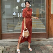 도트패턴 스트랩 반팔 롱 원피스