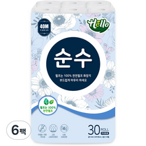 헬로 순수 2겹 천연펄프 롤화장지 40m, 30롤, 6팩