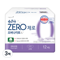 순수한면 제로 오버나이트 생리대 날개형, 패드형, 12개입, 3팩