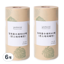 유하우스 몬스테라 양면 일회용 수세미 60매, 혼합 색상, 6개