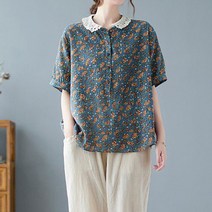 레이스 카라 배색 플라워 반팔 블러우스