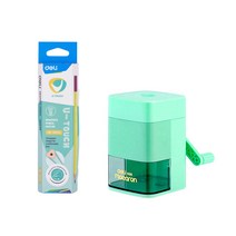 델리 학생용 2B 연필 + 오토피드 수직 마카롱 연필깎이 세트, 연필(블루 + 핑크, 핑크 + 옐로우, 옐로우 + 퍼플), 연필깎이(그린), 1세트