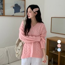 베러스윗 여성용 브이넥 꽈배기 루즈핏 니트