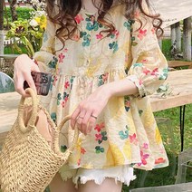 임산부 패션나비 수채화 플라워 패턴 7부 퍼프 소매 블라우스