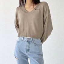 여성용 여리여리 브이넥 크롭 긴팔 니트