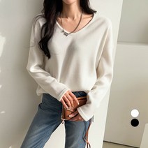 세컨그라운드 여성용 루즈핏 브이넥 트임 기모 티셔츠