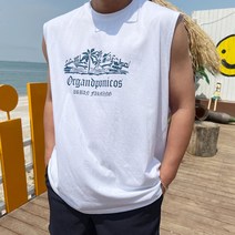 머시따 남성용 야자수 레터링 나염 썸머 오버핏 나시