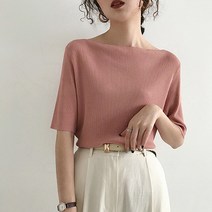 여성용 보트넥 얇은니트 루즈핏 반팔 티셔츠