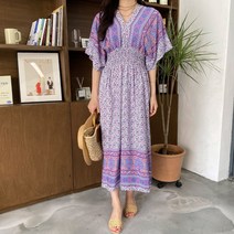 여성용 브이넥 허리밴딩 플라워 롱 원피스 OPS7640K24