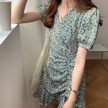 몬드스팟 여성용 퍼프 소매 꽃무늬 숏 반팔 원피스 MO65