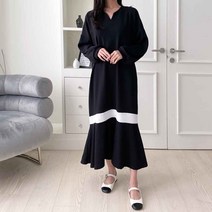 플랜데이 트임 브이넥 배색 프릴 롱 원피스