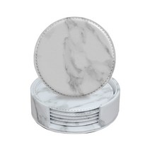 선물하기 좋은 가죽 컵받침 코스터 6p + 케이스 세트, 원형 마블스티치