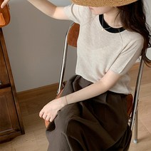 레몬소울 여성용 다나까 배색 골지 반팔 니트 티셔츠