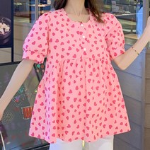 임산부 알러뷰 하트 패턴 퍼프 반소매 블라우스 원피스