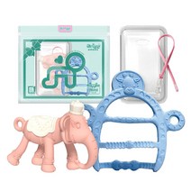 앙쥬 치발기 2종세트, 3D 코끼리 분홍, 기린팔찌 파랑