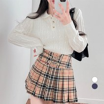 밀키버터 여성용 꽈배기 버튼 카라 니트