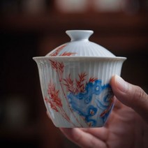 고치당 경덕진 플로우 개완 가산죽 전통찻잔, 화이트 + 레드 + 블루, 1개