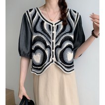 아이엠몽 여성용 가디즈 에스닉 패턴 뜨개 데님 소매 블라우스